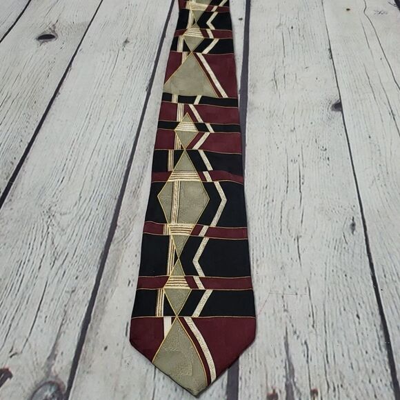 Vintage 80s Abstract Maroon Black Art Tie - Picture 1 of 8